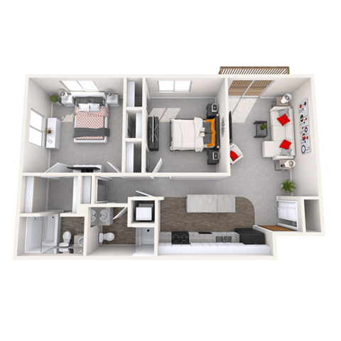 Floor plan for 2 beds, 2 baths, 1000 sqft